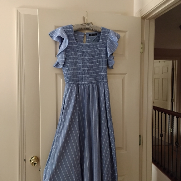 Simple Blue Striped Smocked Dress with Flutter Sleeves - Picture 4 of 6